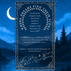 ARWA Essential Dream Aura Blend brand quote card, Elite Living Collection – "Where Dreams Find Their Scent", made with a blend of essential and fragrance oils