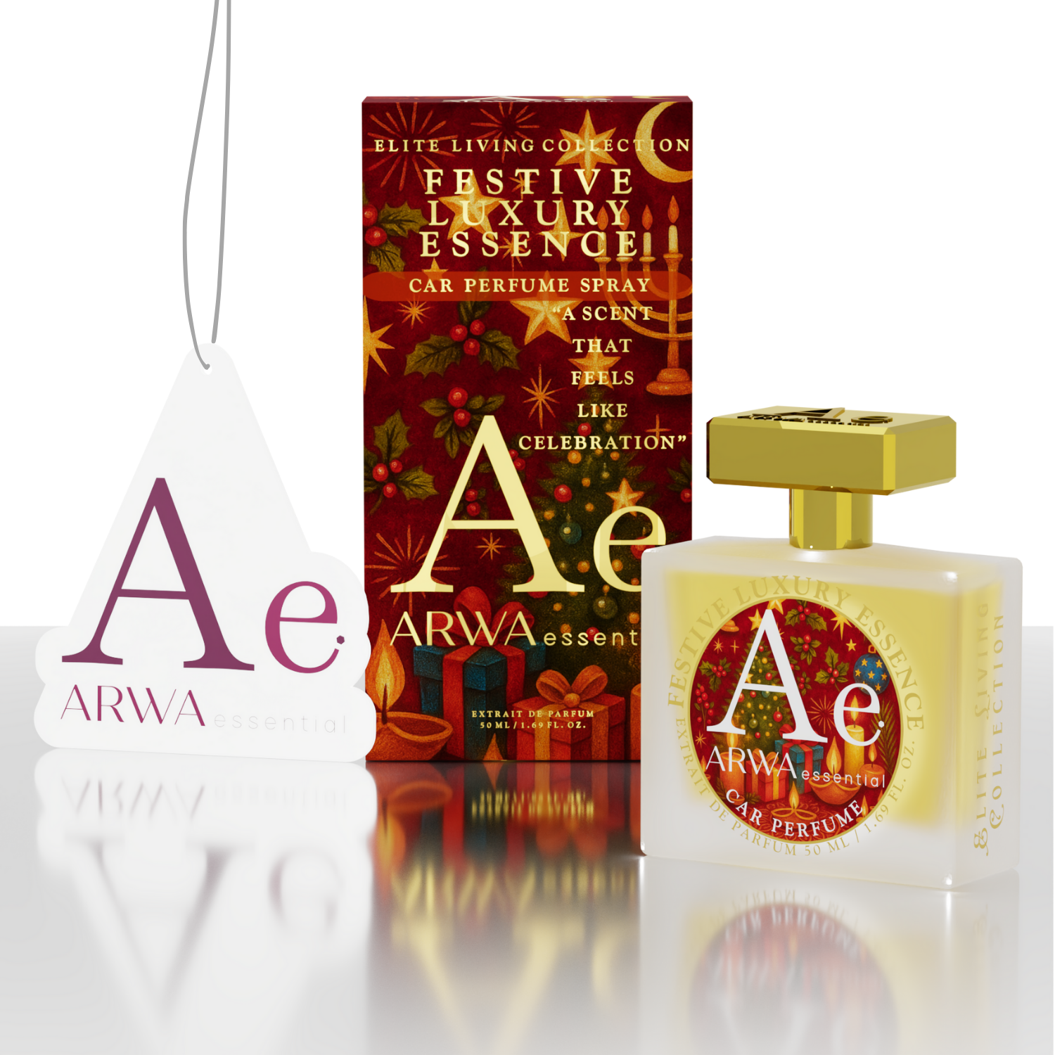 ARWA Essential Festive Luxury Essence car perfume, Elite Living Collection – hanging tag, red and gold festive packaging box and perfume bottle, front view