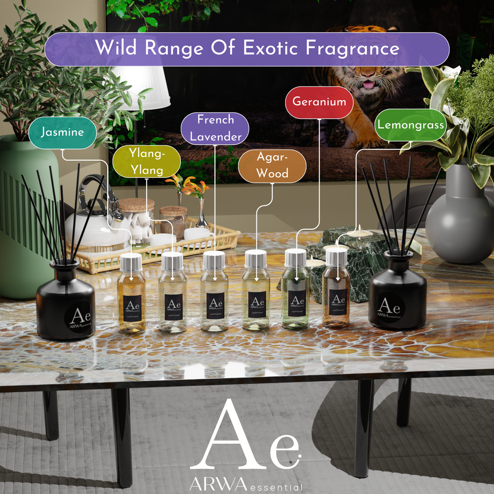 ARWA Essential wild range of exotic fragrance reed diffusers - Jasmine, Ylang-Ylang, French Lavender, Agarwood, Geranium, Lemongrass refill bottles with diffuser pot