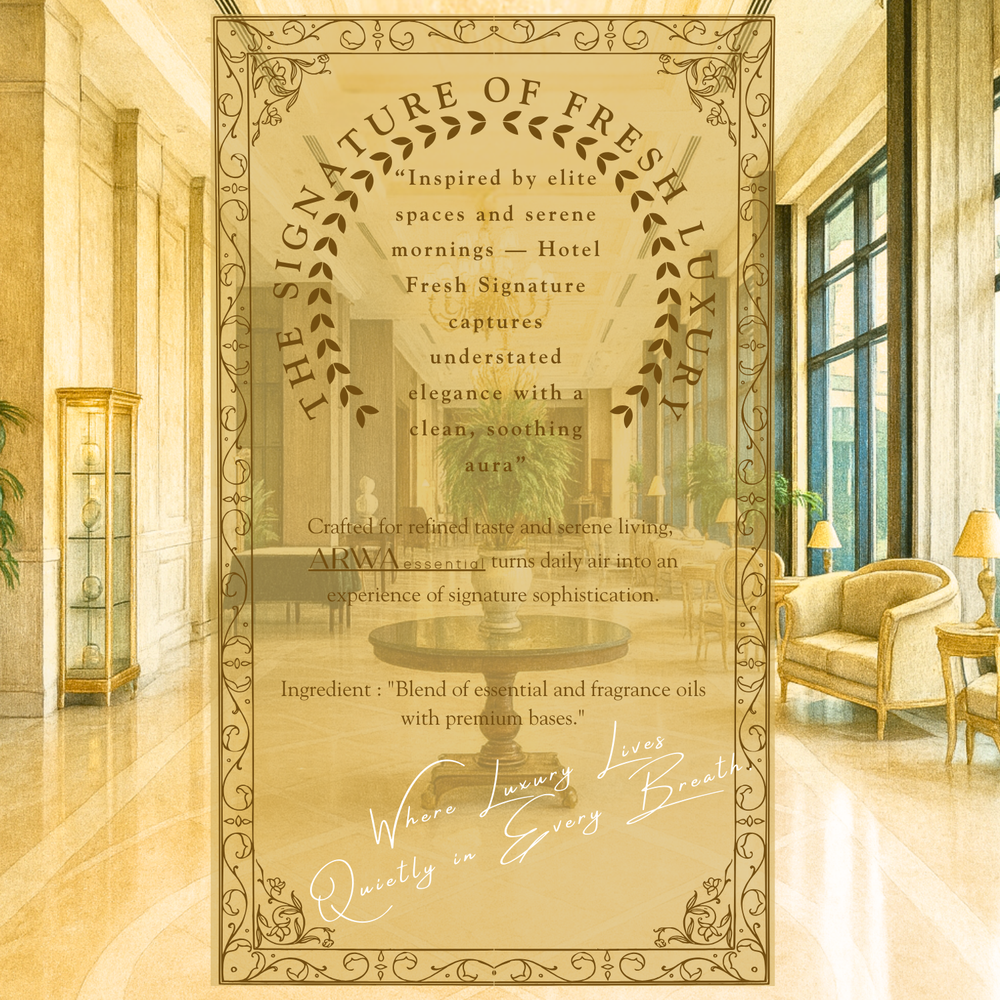 ARWA Essential Hotel Fresh Signature brand quote card, Elite Living Collection – "The Signature of Fresh Luxury", made with a blend of essential and fragrance oils