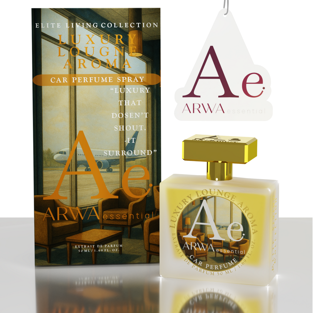 ARWA Essential Luxury Lounge Aroma car perfume, Elite Living Collection – hanging tag, packaging box and perfume bottle, front view