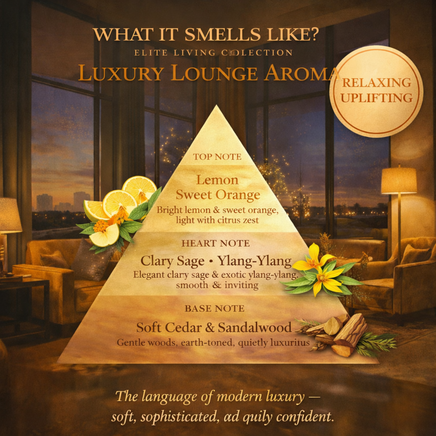 What it smells like infographic for ARWA Essential Luxury Lounge Aroma, Elite Living Collection – top note lemon and sweet orange, heart note clary sage and ylang-ylang, base note soft cedar and sandalwood, tagged relaxing, uplifting