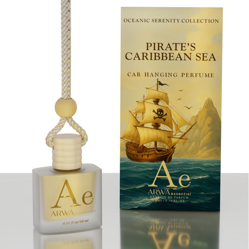 ARWA Essential Pirate's Caribbean Sea 10ml car hanging perfume – glass bottle with wooden cap and braided cord beside pirate ship packaging box, Oceanic Serenity Collection