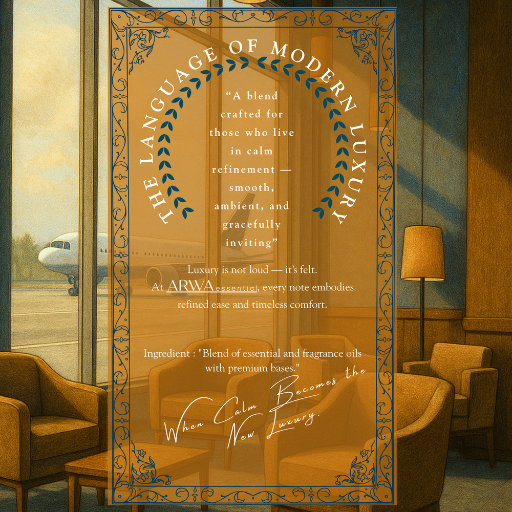 ARWA Essential Luxury Lounge Aroma brand quote card, Elite Living Collection – "The Language of Modern Luxury", made with a blend of essential and fragrance oils
