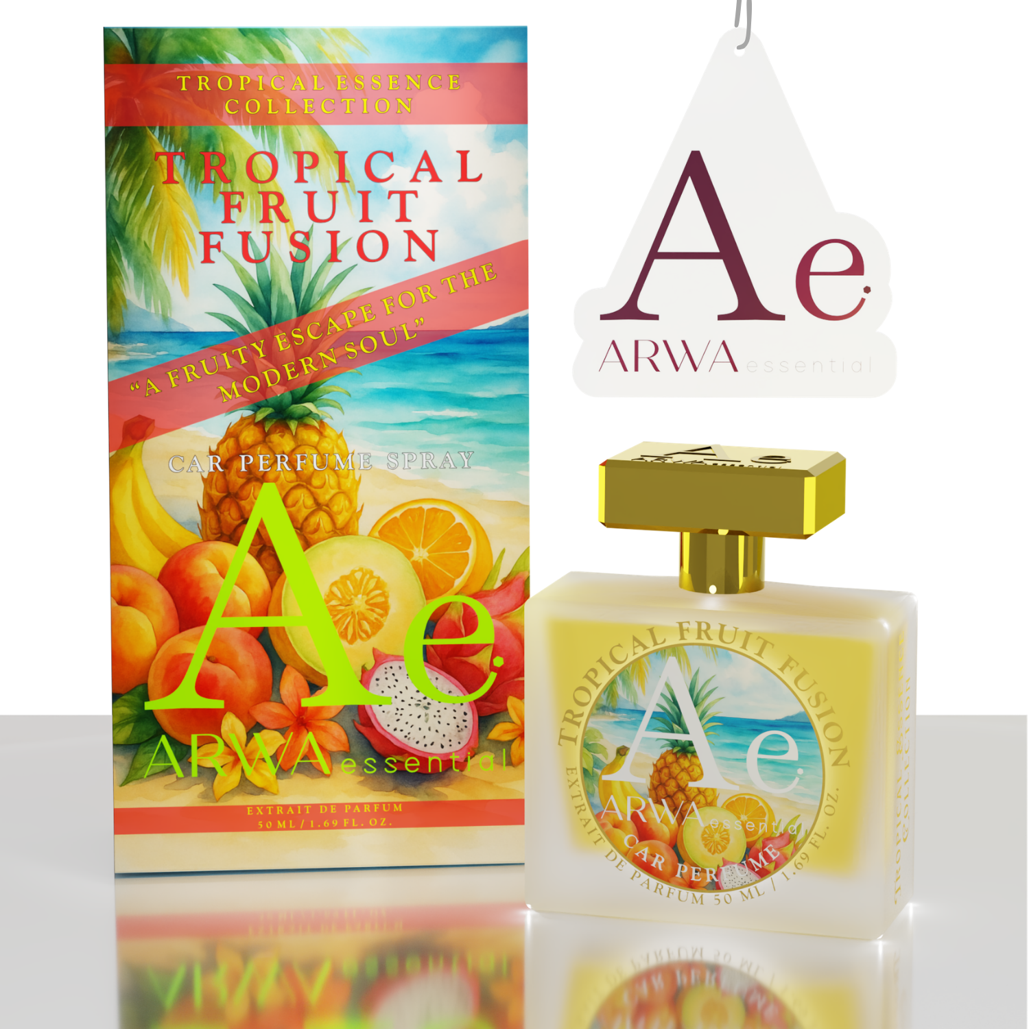 ARWA essential Luxe Citrus Breeze Hanging Car Perfume 10ml + Tropical Fruit Fusion Car Perfume Spray 50ml | Premium Citrus & Fruity Car Fragrance | Luxury Car Perfume Combo