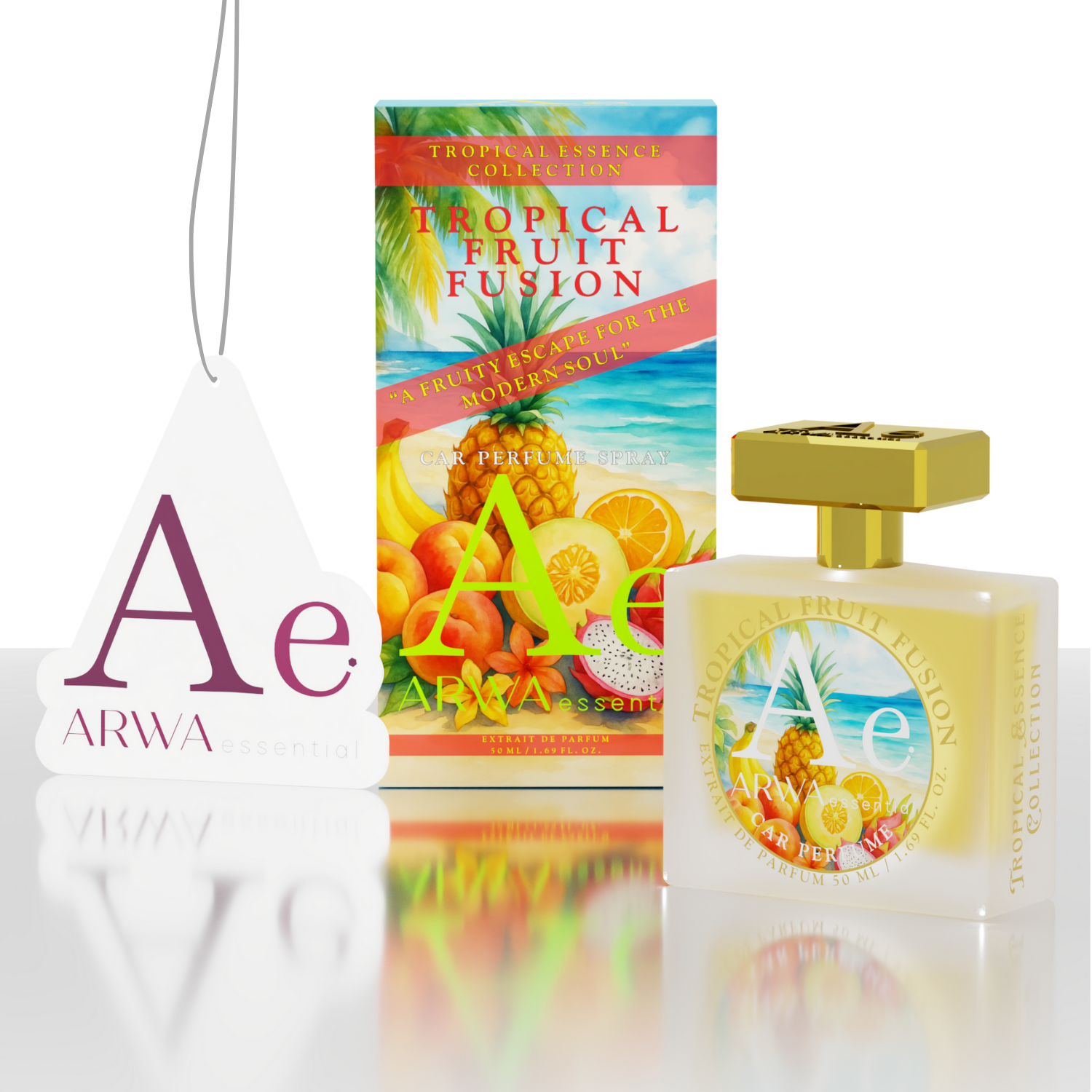 ARWA Essential Tropical Fruit Fusion 50ml car perfume spray - beach and palm tree design packaging box, glass bottle with gold cap and hanging car freshener tag