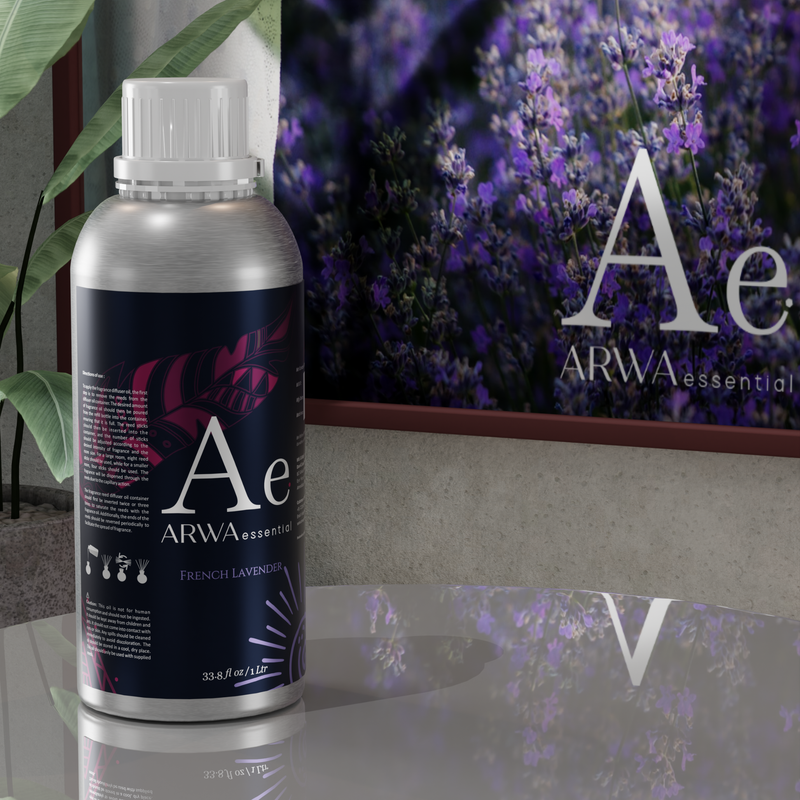 ARWA Essential French Lavender Aroma Diffuser Oil 1 Litre silver bottle displayed with lavender field backdrop home fragrance scene