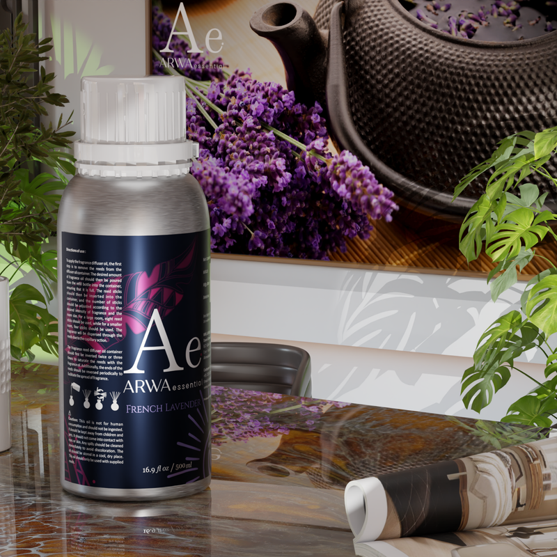 ARWA Essential French Lavender Aroma Diffuser Oil 500ml silver bottle displayed on table with lavender flowers home fragrance scene