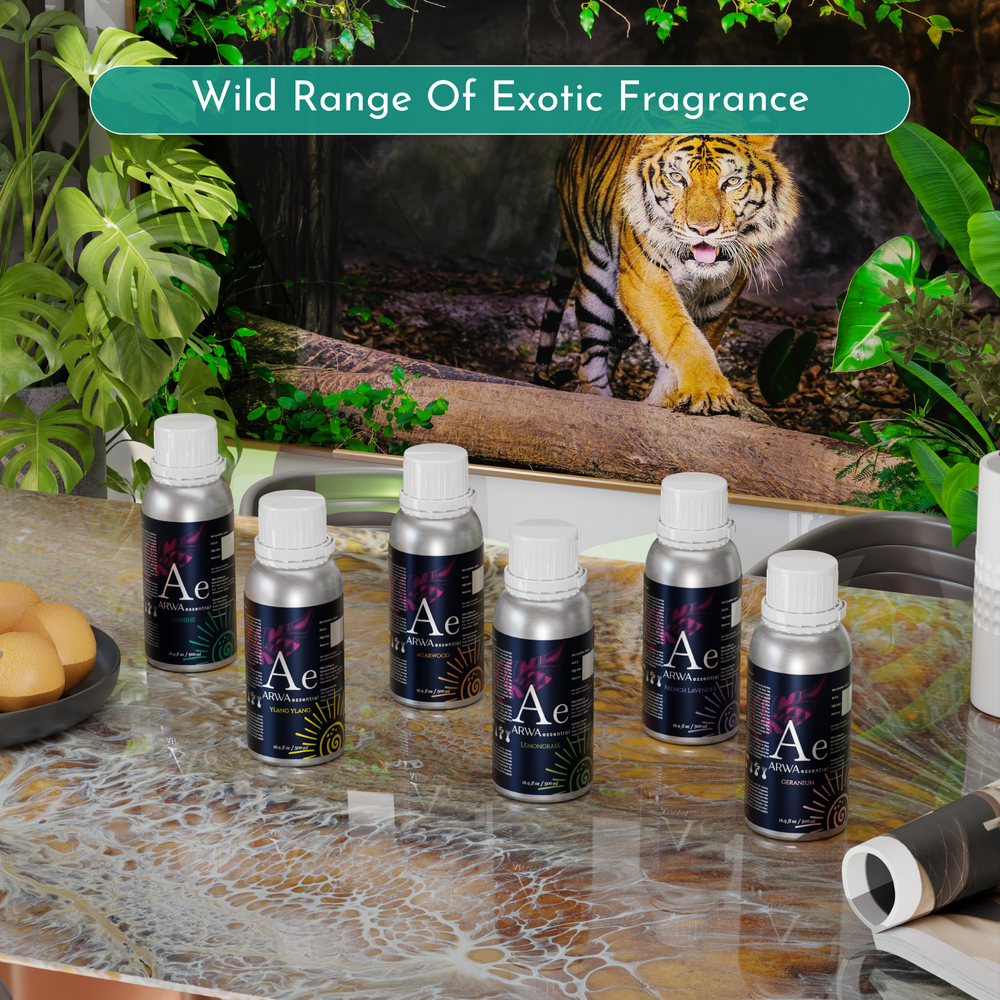 ARWA essential aroma oil collection featuring multiple exotic fragrance oils for diffusers, home fragrance and aromatherapy