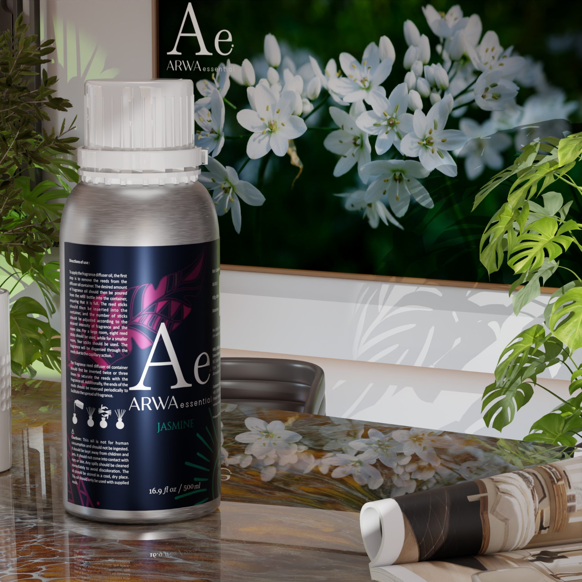 ARWA essential Jasmine Aroma Oil 500ml for diffuser and home fragrance with white jasmine flowers