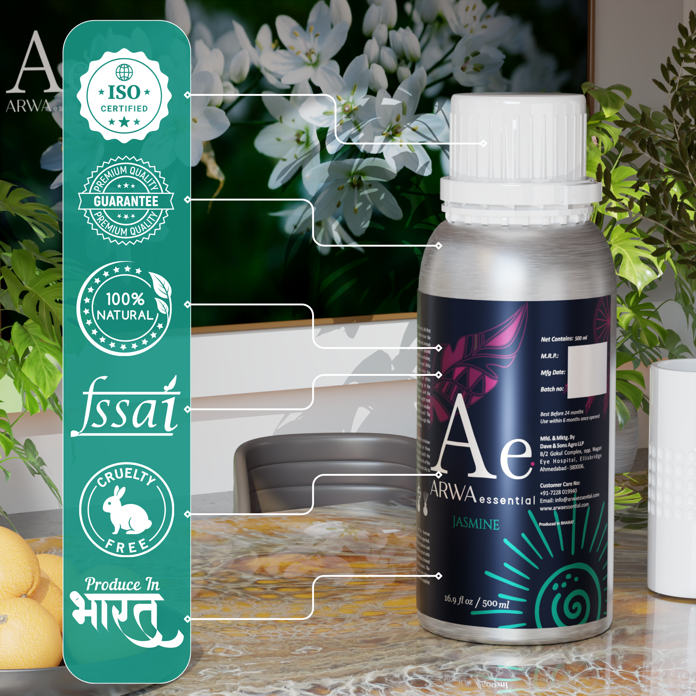 ARWA essential Jasmine Aroma Oil 500ml product quality infographic showing ISO, FSSAI, 100% natural, cruelty-free and made in India badges