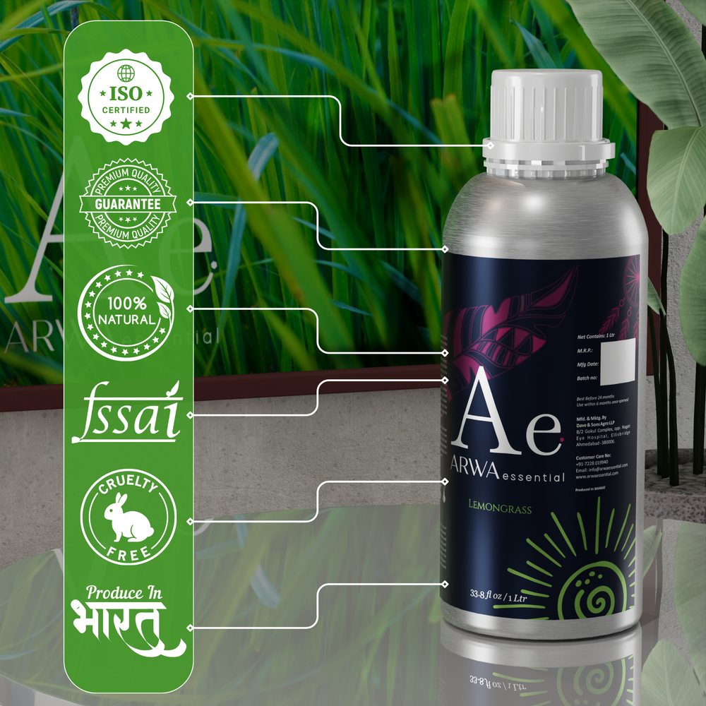 ARWA essential Lemongrass Aroma Oil 1L product quality infographic showing ISO, FSSAI, 100% natural, cruelty-free and made in India badges