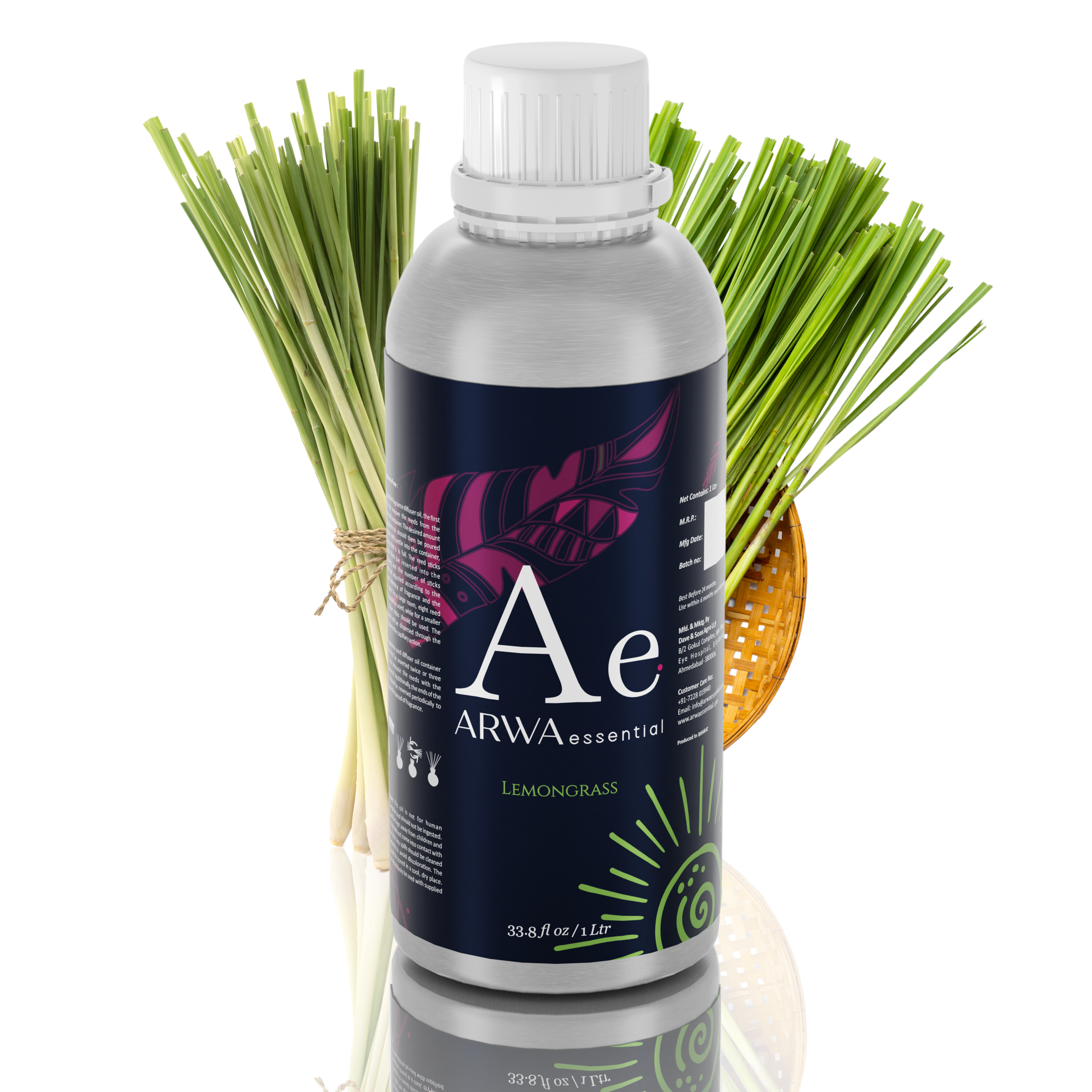 ARWA essential Lemongrass Aroma Oil 1L for diffuser and home fragrance with fresh lemongrass stalks