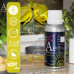 ARWA essential Ylang Ylang Aroma Oil 500ml product quality infographic showing ISO, FSSAI, 100% natural, cruelty-free and made in India badges