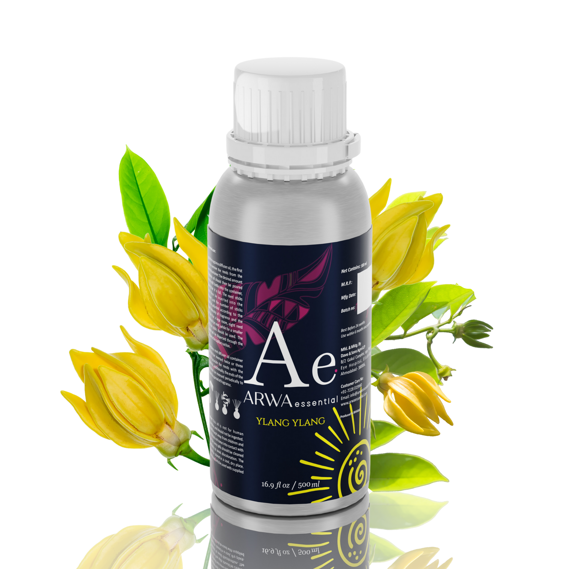 ARWA essential Ylang Ylang Aroma Oil 500ml for diffuser and home fragrance with yellow ylang ylang flowers