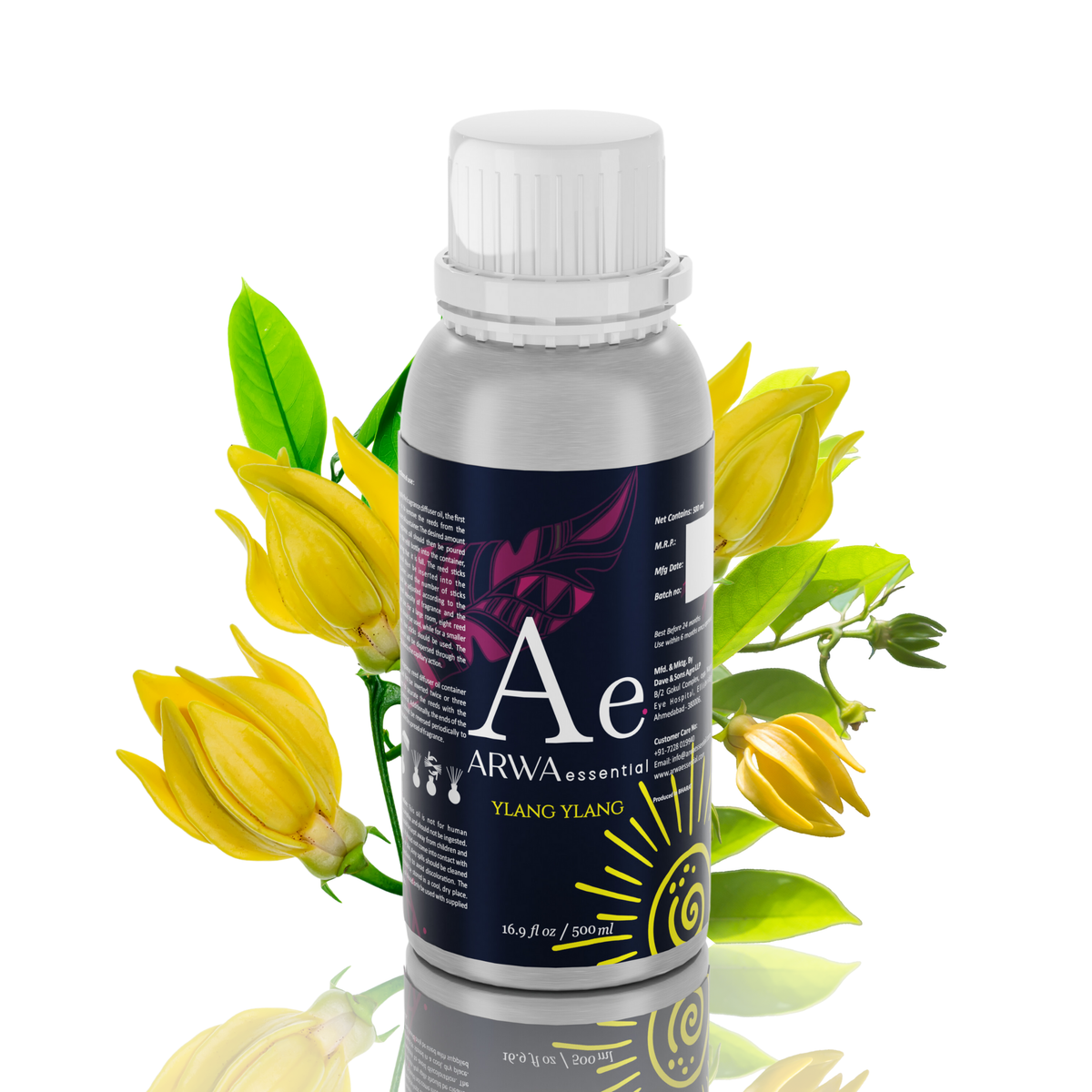 ARWA essential Ylang Ylang Aroma Oil 500ml for diffuser and home fragrance with yellow ylang ylang flowers
