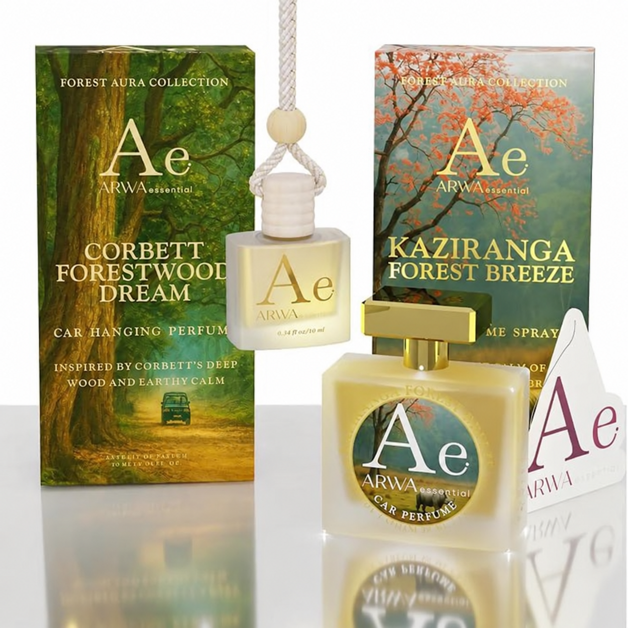 ARWA Essential Corbett Forestwood Dream 10ml hanging car perfume and Kaziranga Forest Breeze 50ml car perfume spray combo - packaging boxes and bottles, front view