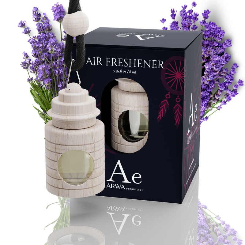 ARWA Essential French Lavender Air Freshener car hanging perfume, 5ml wooden bottle with metal clip hanger and packaging box, lavender flowers in background