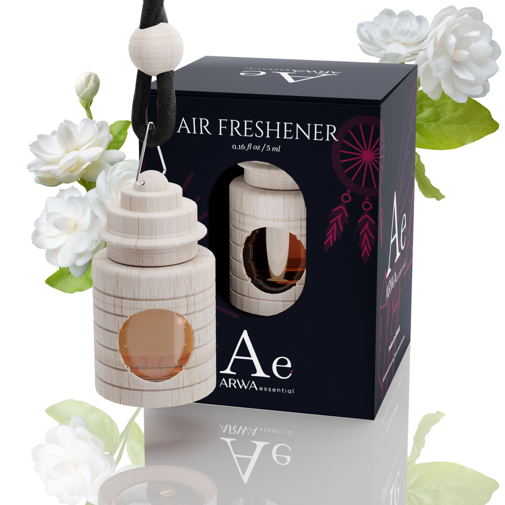 ARWA Essential Jasmine Air Freshener car hanging perfume, 5ml wooden bottle with metal clip hanger and packaging box, jasmine flowers in background