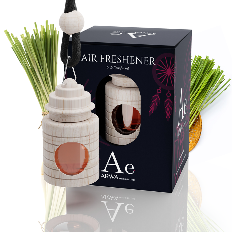 ARWA Essential Lemongrass Air Freshener car hanging perfume, 5ml wooden bottle with metal clip hanger and packaging box, lemongrass stalks in background