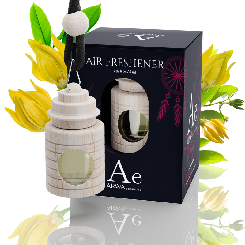 ARWA Essential Ylang-Ylang Air Freshener car hanging perfume, 5ml wooden bottle with metal clip hanger and packaging box, ylang-ylang flowers in background