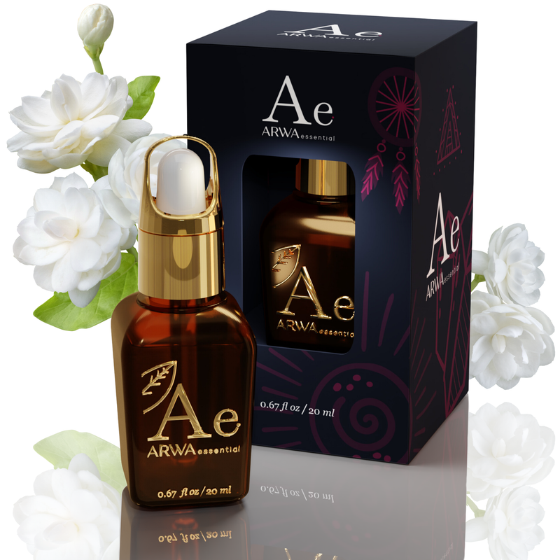ARWA Essential Jasmine Essential Oil 20ml amber glass dropper bottle with gold cap and packaging box, jasmine flowers in background