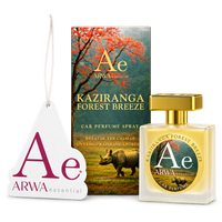 ARWA Kaziranga Forest Breeze 50ml car perfume spray with its printed sleeve and hanging card, front view